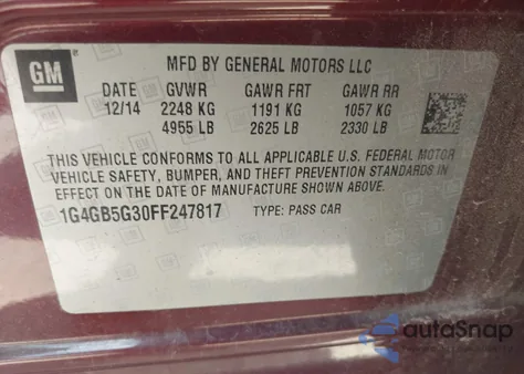 2015 Buick Lacrosse Leather from USA, damaged, VIN 1G4GB5G30FF247817